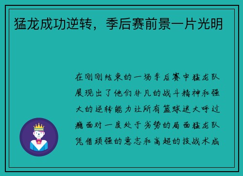猛龙成功逆转，季后赛前景一片光明